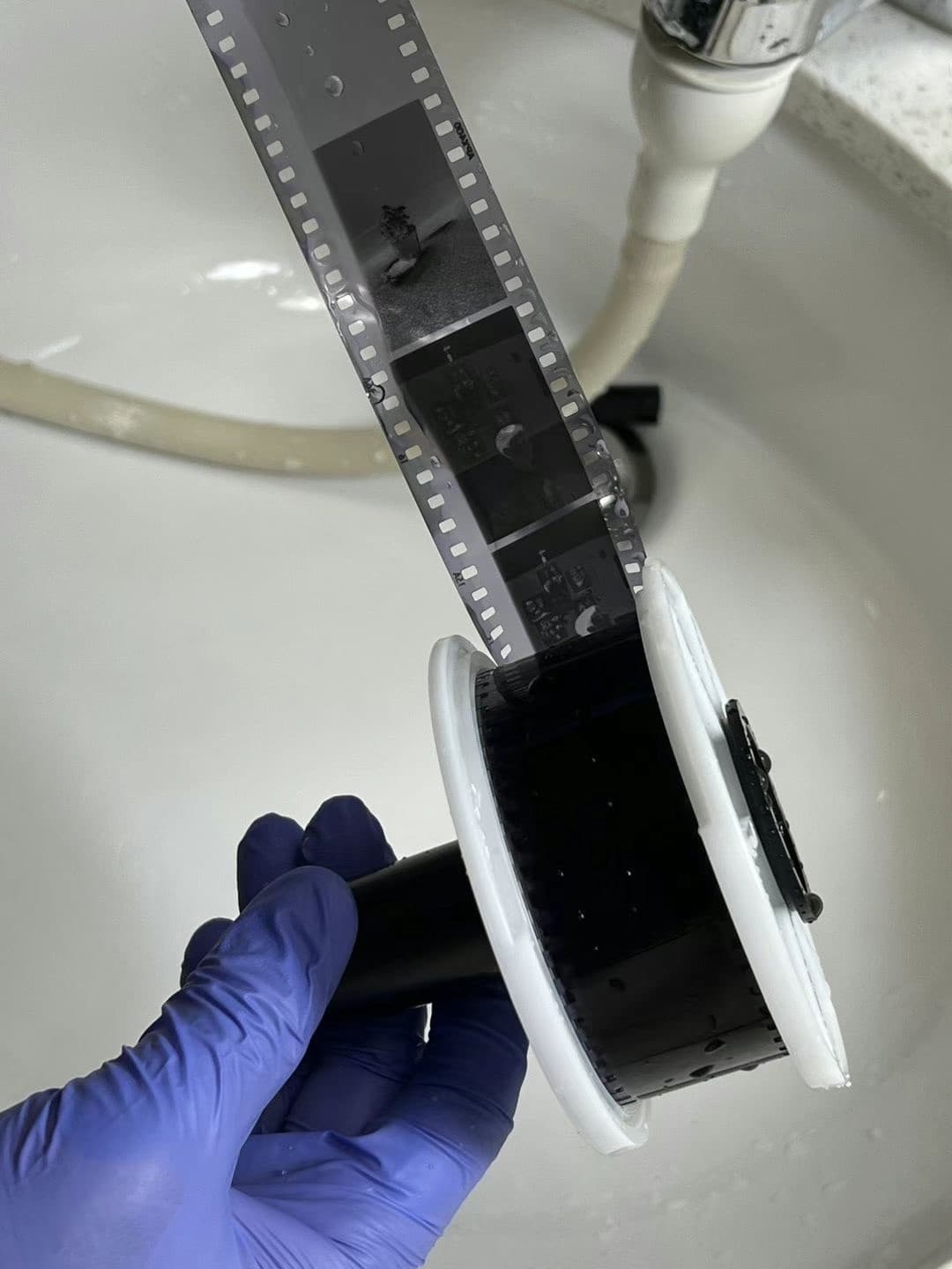 Purple-gloved hand holding a film reel under sink water during developing