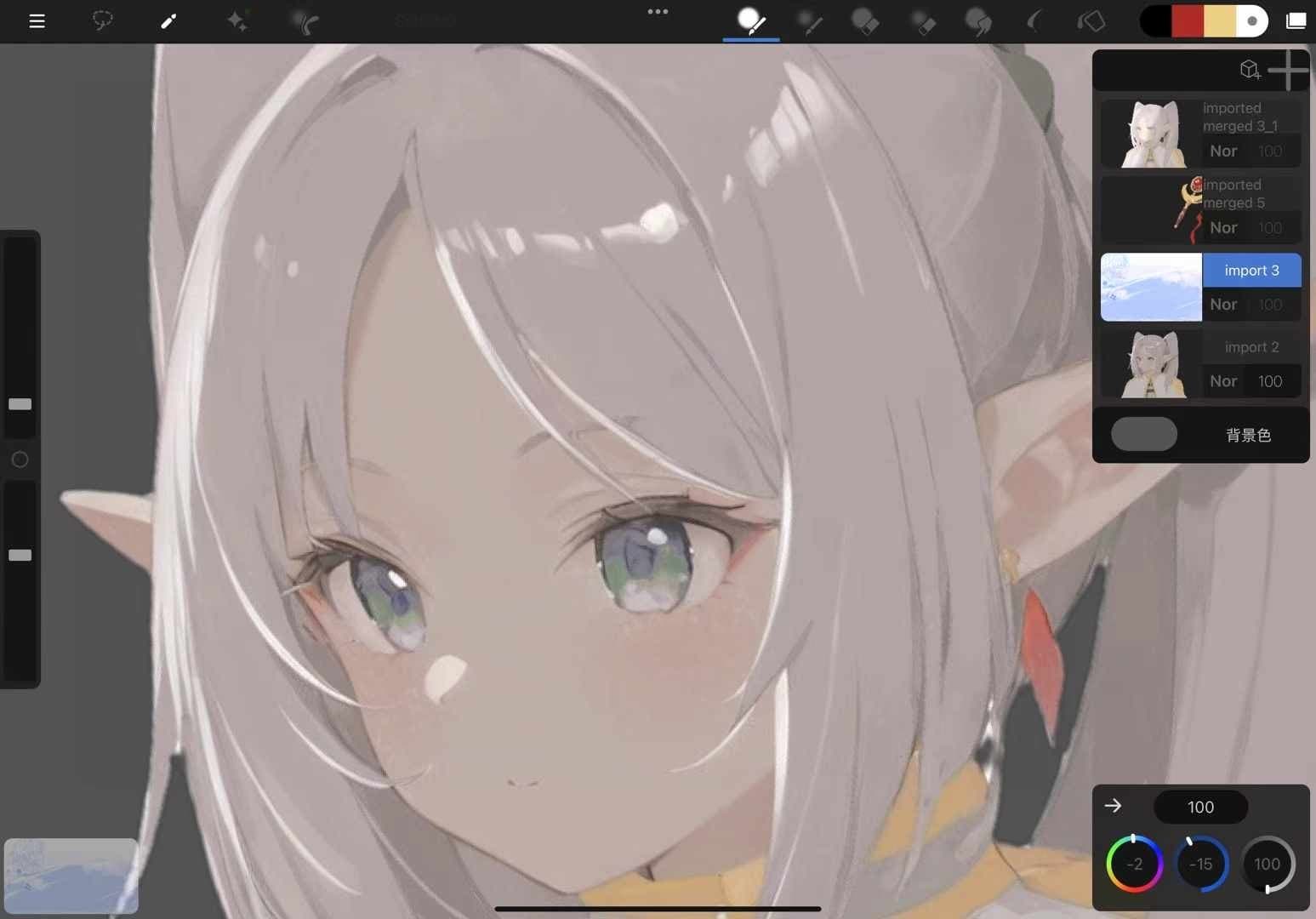 iPad screen showing a stylized anime elf girl in progress in a drawing app