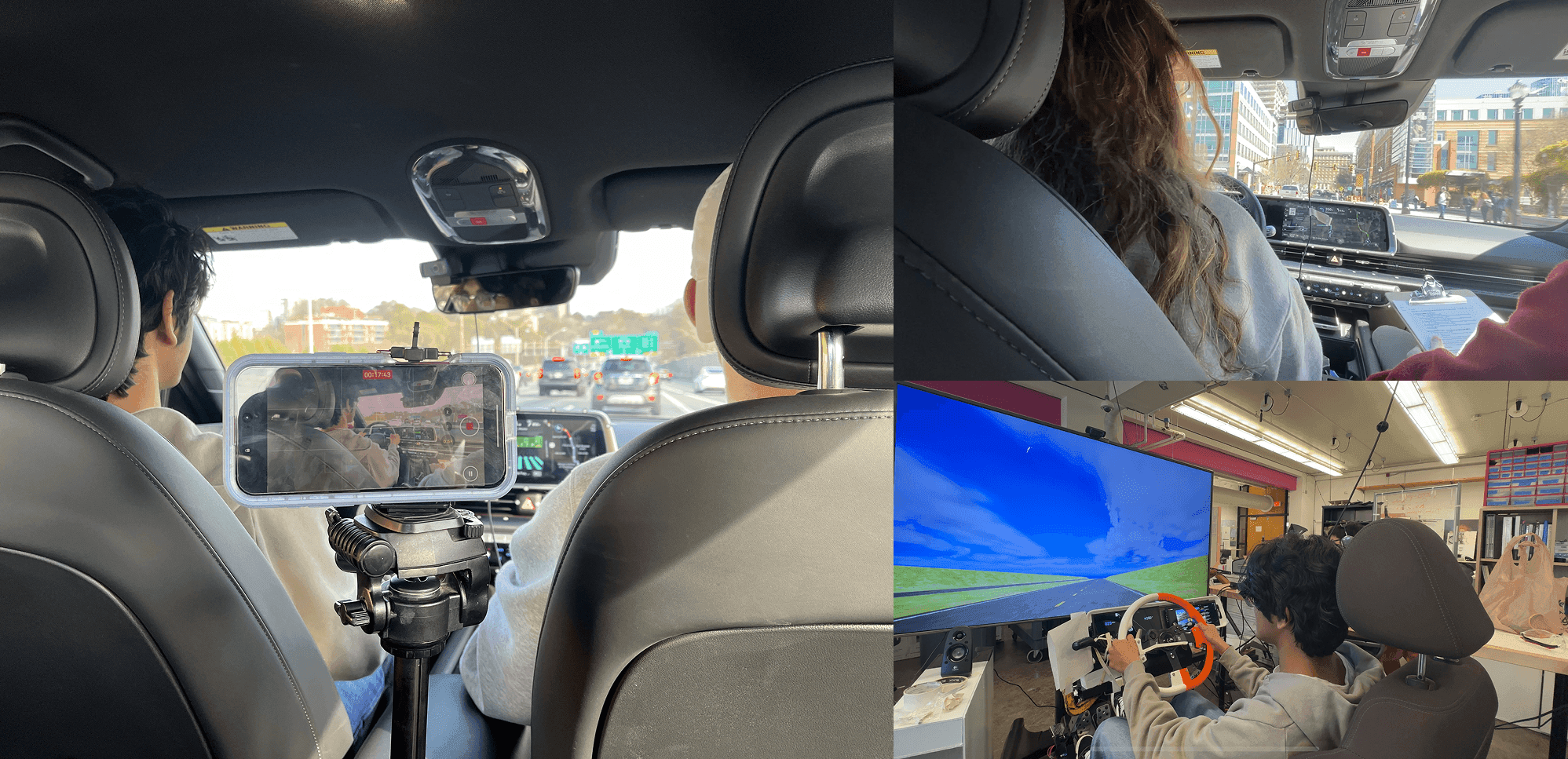 Real-driving and simulator sessions with recording and observation equipment.