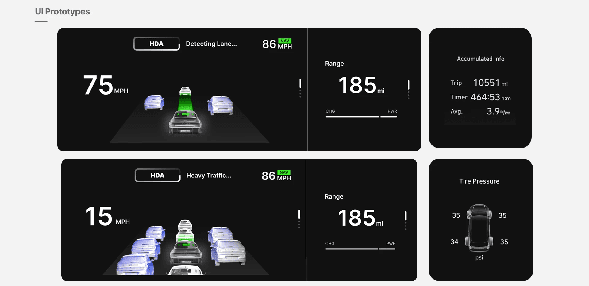 Low-fidelity explorations of lane detection, heavy traffic and secondary information.
