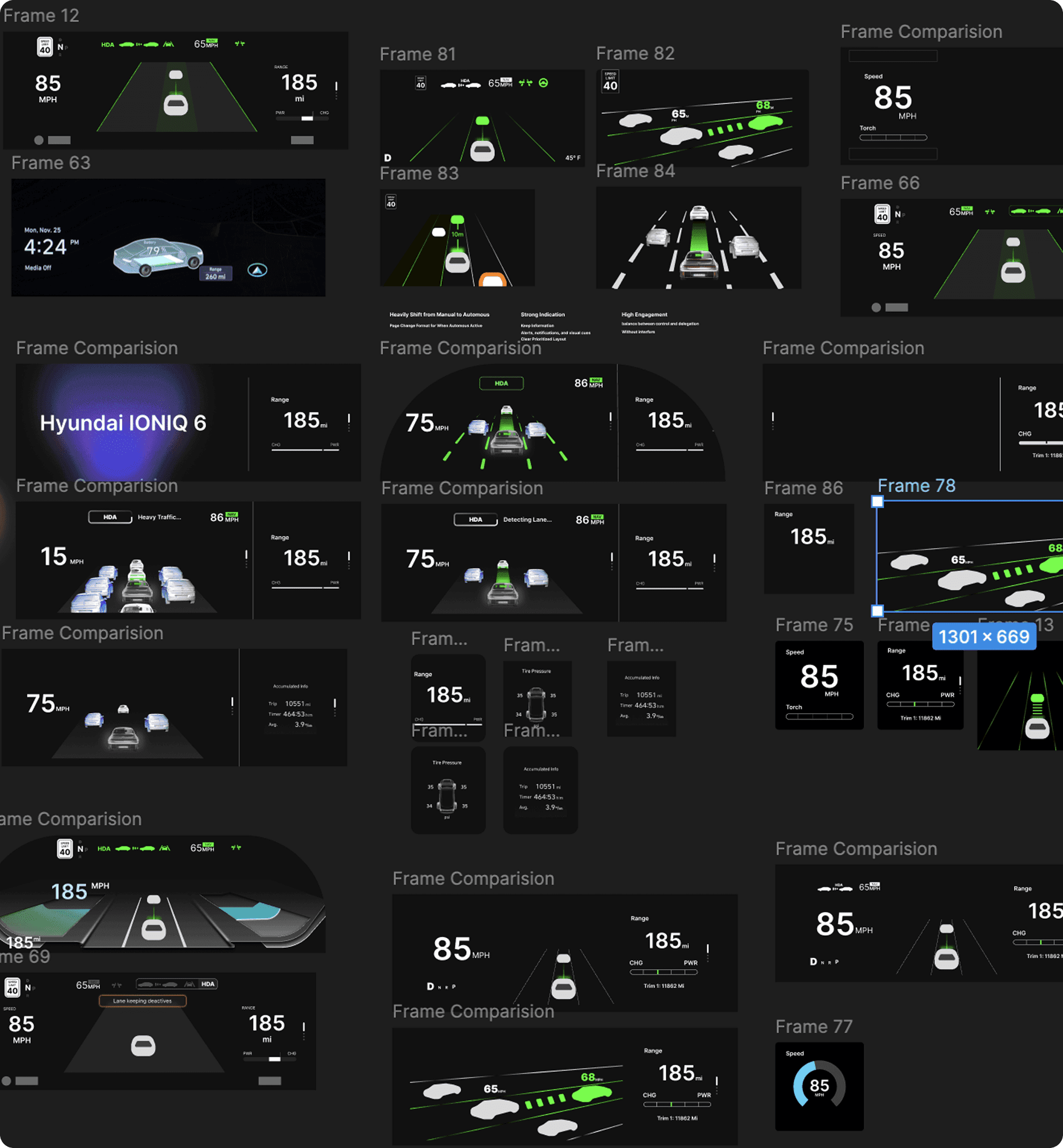 Interface iterations across vehicle states, layouts and status treatments.