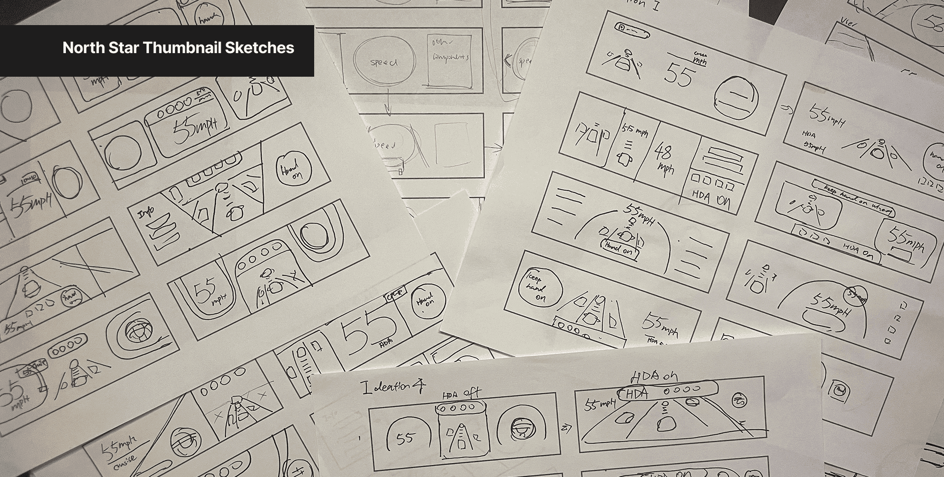 Thumbnail sketches exploring steering-wheel displays and instrument layouts.