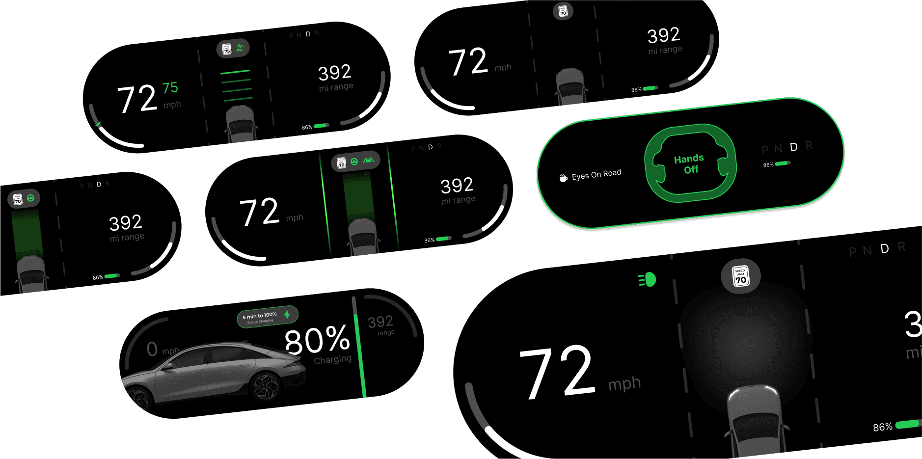 Screen explorations for driving information, vehicle status and handoff cues.